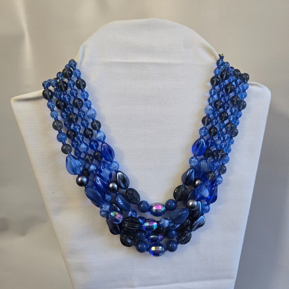 1950s Vintage MCM Blue Glass Bead 5 Strand Layered Statement Necklace AB Clasp